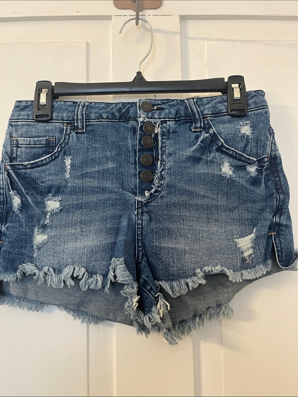 Almost Famous Distressed Blue Denim Button-Front Shorts